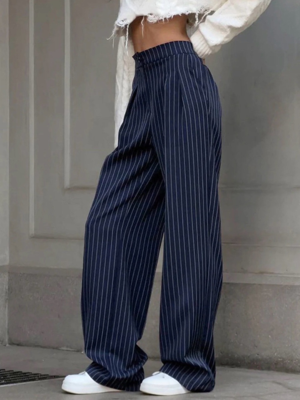 Navy Pinstripe Wide Leg Trousers - Picture 3 of 3